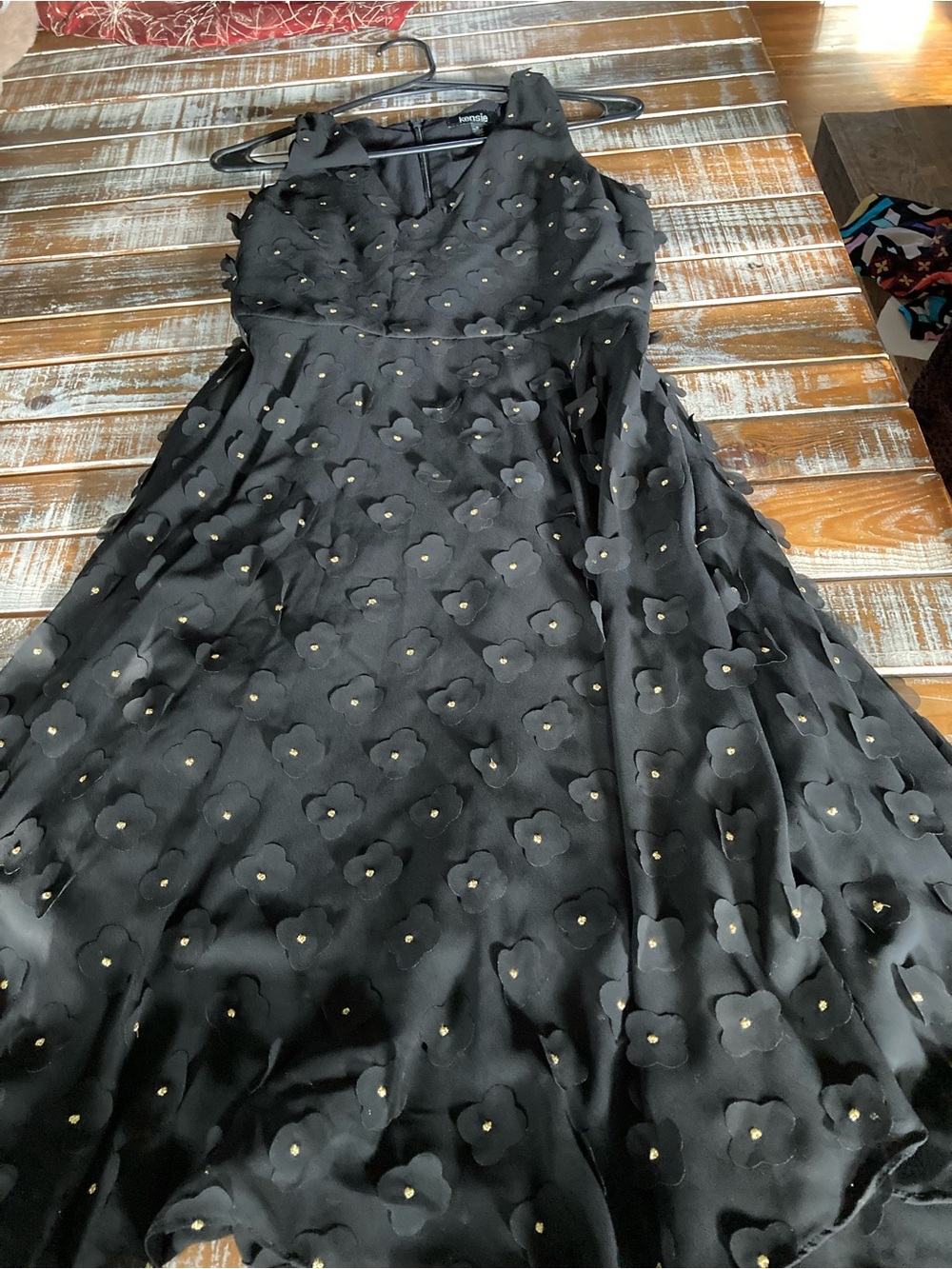 Kensie Black Floral Appliqué Midi Dress with Gold Dots